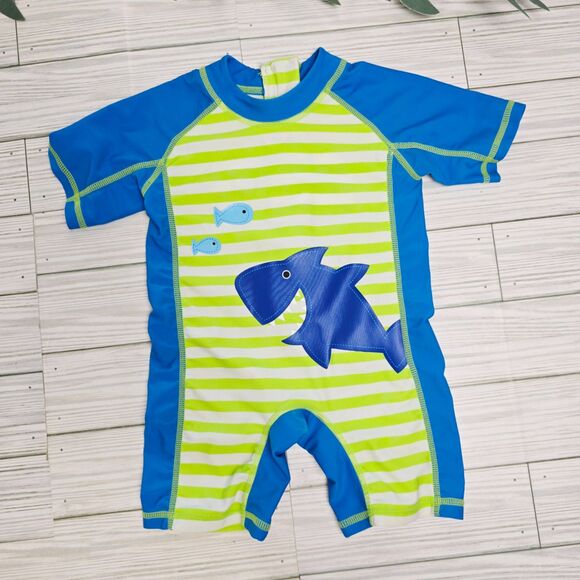 BeautyIn Swimsuit Kids 9M-0 Blue And Lime‎ Green Rash Guard Shark Graphic Beachy - Picture 1 of 3